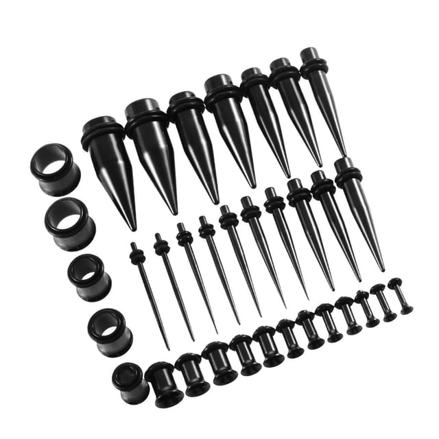 Transemion 36 Pieces Ear Gauges Stretching Kit Expanders 14G-00G Plugs Black 36 Pcs 1Set