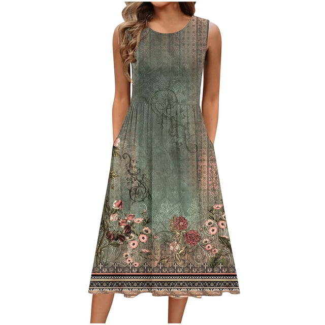 Ovzne Robes d'Été pour Femmes 2025 Robe pour Femme Mode Robe Décontractée Imprimée à Manches Courtes à Col Rond avec Poches Robe Grande Taille Robe Maxi Imprimée Liquidation