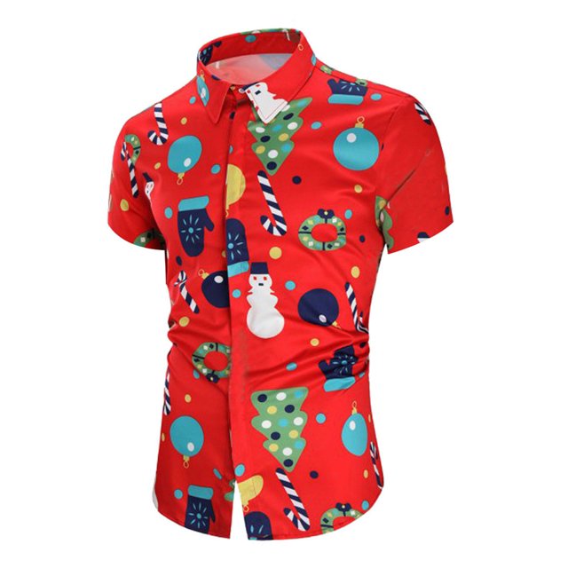MAWCLOS Chemise de Noël pour Hommes Bouton vers le Bas Chemise de Noël Col Revers Tops à Simple Poitrine Vacances Manches Courtes T Rouge