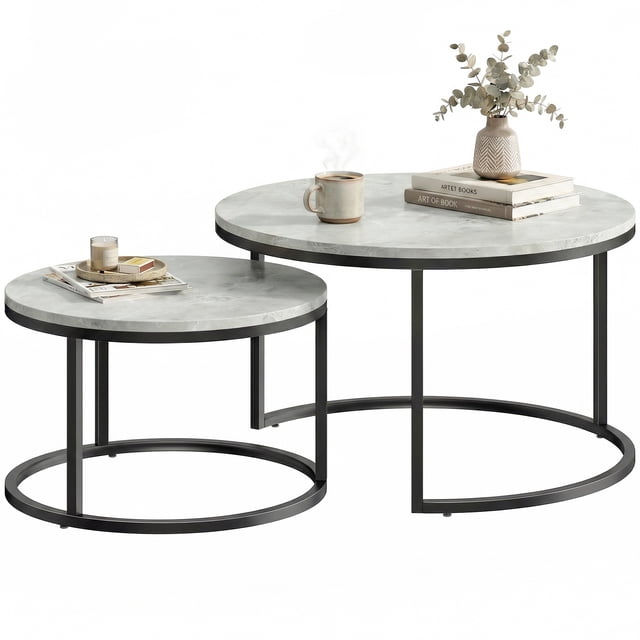 HOMCOM Nesting Tables, 31" Round Coffee Table Set of 2, Marble Grey