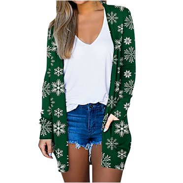 hoksml Cardigan For Women Fashion Woman Long Sleeve T-Shirt Autumn Open Front Christmas Cardigan Loose Outerwear Printing Blouse Coat Pockets Tops Cardigan Sweaters For Women Clearance