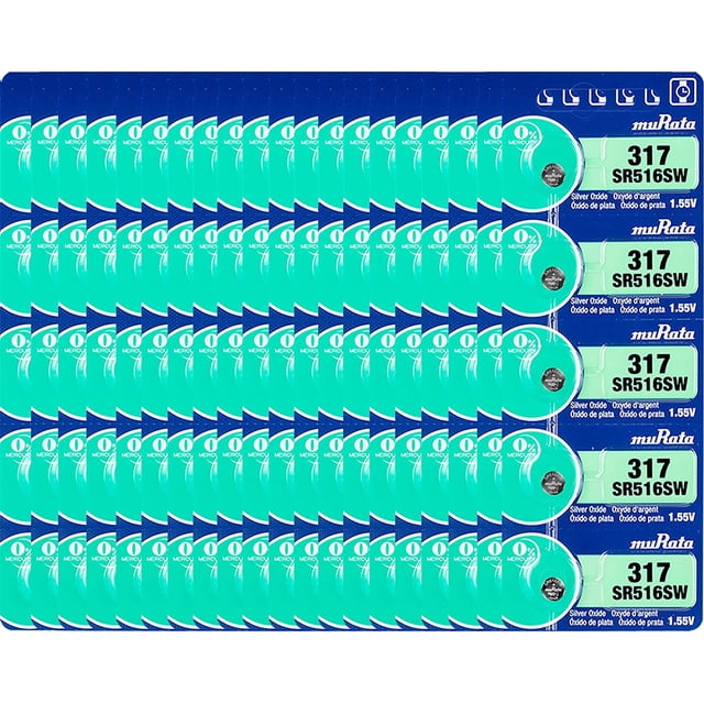 Murata 317 SR516SW Battery 1.55V Silver Oxide Watch Button Cell (100 Batteries)