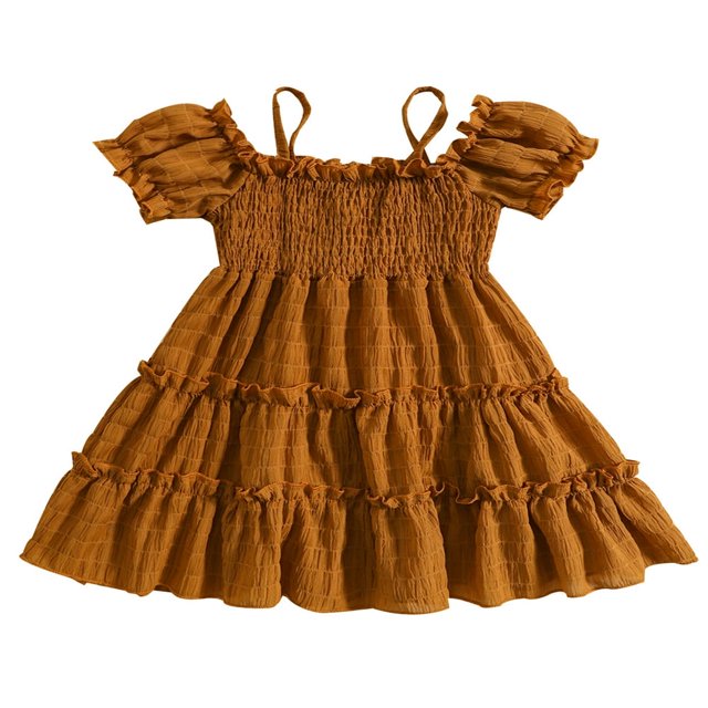 MesaSe Robe Trapèze pour Tout-Petits Filles Manches Courtes Épaules Dénudées Bretelles Spaghetti Robe Plissée Robe d'Été Vert Foncé 2-3 Ans