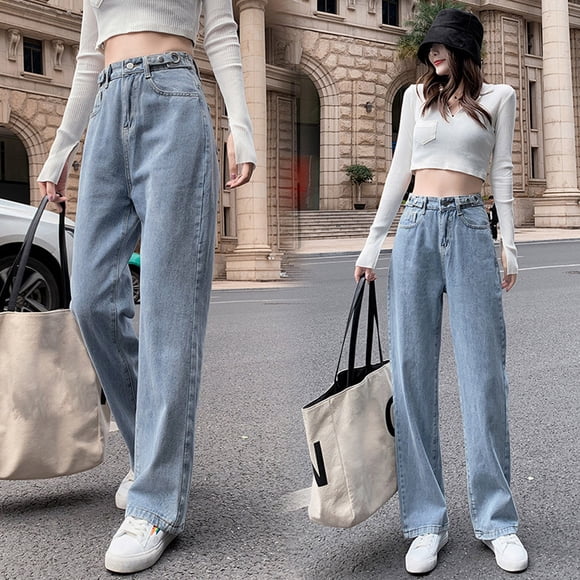 Women's Casual Pants Hight Waist Distressed Straight Denim Jeans Vintage Trouser