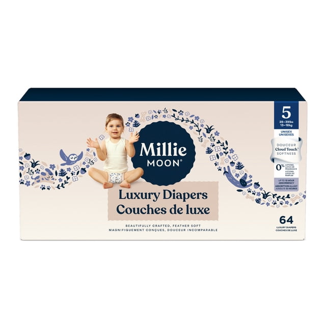 Couches de Luxe de Millie Moon , Taille 5, Boîte de 64 Unités avec un Tout-Petit Assis en Tailleur Portant une Couche, Entouré de Motifs Floraux Bleus et d'Oiseaux Autour du logo Millie Moon, avec Douceur CloudTouch, Ajustement Unisexe pour 28-38 Lb, Testé par des Dermatologues, et jusqu'à 12 Heures de protection contre les Fuites.