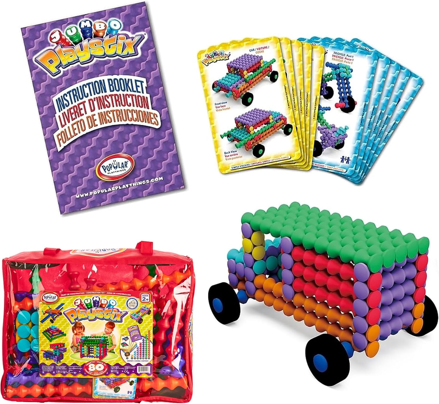 Popular Playthings Jumbo Playstix Set Construction Toy Building Blocks 80 Piece Kit Multicolor