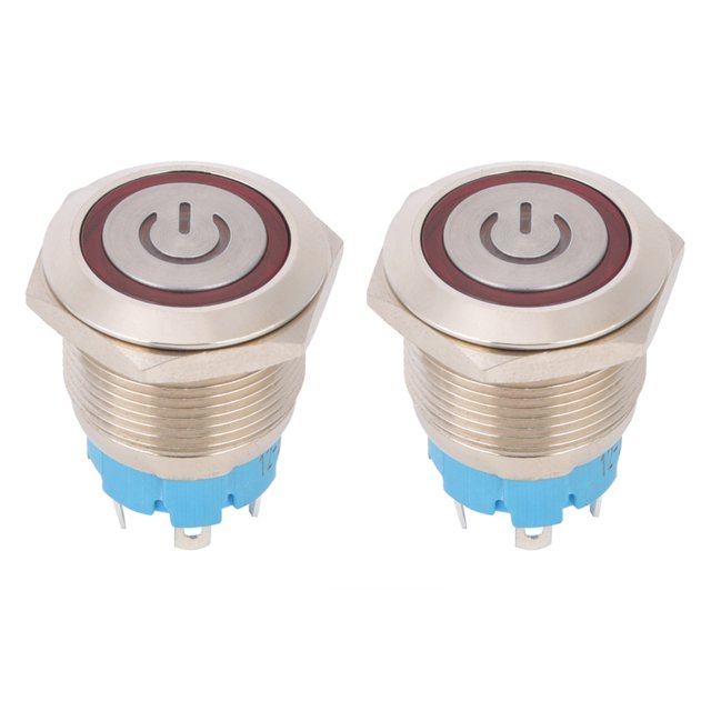 2Pcs Interrupteur à Bouton-Poussoir 4 Broches 19mm Tête Plate Ronde Coque en Acier Inoxydable avec Lumière IP65 12-24VDCRed