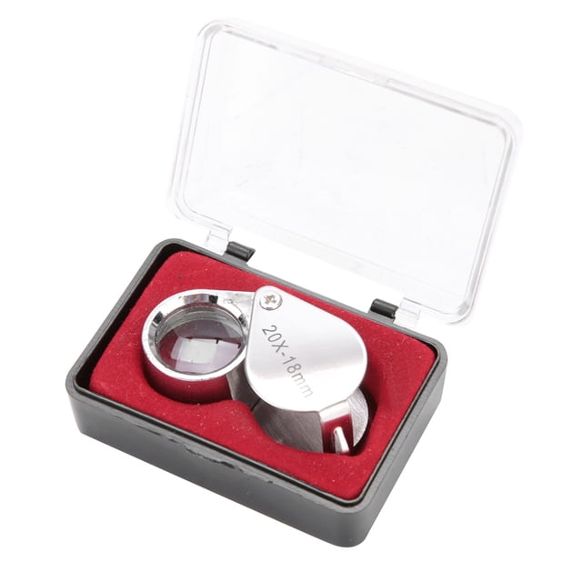 Handheld Magnifier, Magnifying Glass, 20X Magnifier Portable Photographers For Machinists Jewelers Mechanics. A compact 20X magnifier with a durable metal body, shown in a protective black case with a red interior lining. Ideal for jewelers, machinists, mechanics, and hobbyists requiring detailed object inspection. Includes a clear plastic lid for secure storage.