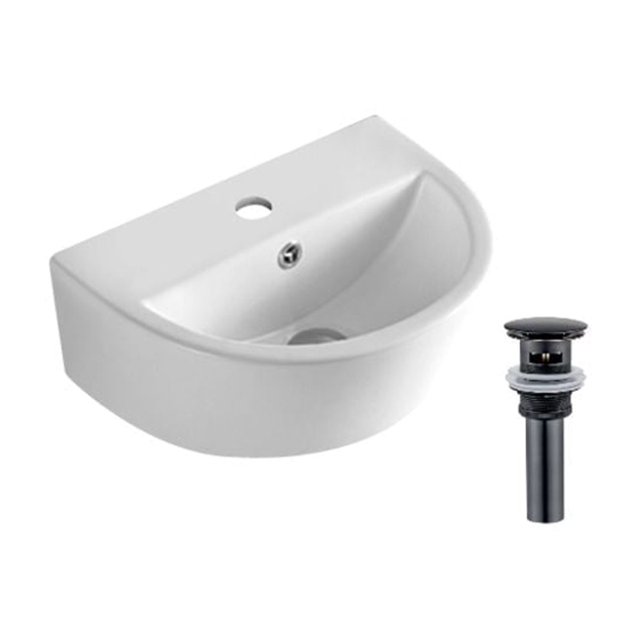DROP Bath and Kitchen DR091362 Bathroom Vessel Sink Set with a white ceramic semi-circular wall-mount vessel sink featuring a gloss finish and a black drain with overflow, suitable for kitchen sinks and drop-in installation in home improvement projects.