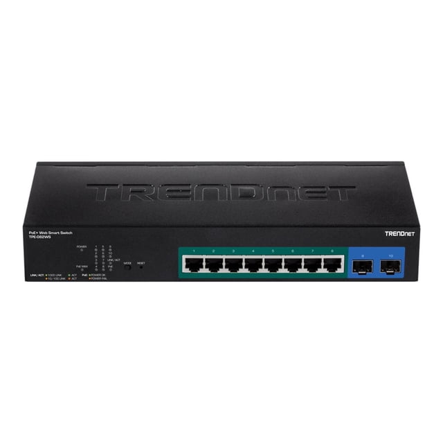 TRENDnet 10-Port Gigabit Web Smart PoE+ Switch, 8 X Gigabit PoE+ Ports, 2 X SFP Slots, Vlan, QoS, Lacp, and IPv6 Support, 75W PoE Power Budget, Lifetime Protection, TPE-082WS