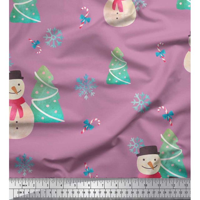 Soimoi Purple Poly Georgette Fabric Snowman & Tree Christmas Printed Fabric 1 Yard 42 Inch Wide