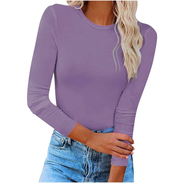 IROINID Deals Womens Plus Size Tops Fall Long Sleeve Stretch Slim Fitted T-Shirt Blouse Solid Basic Tops,Purple