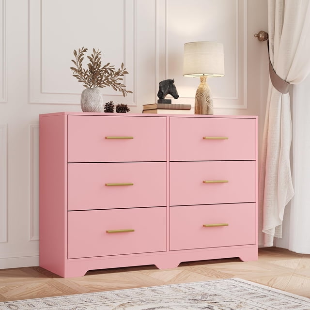 Yiwa Modern 6-Drawer Dresser, Deep Storage, Anti-Tip, Gold Metal Handles