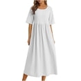 thumbnail image 2 of Meichang Robes Midi d'Été en Coton et Lin pour Femmes 2024, Robes Tuniques de Vacances, Unies, Col Ras du Cou, Manches Courtes, Robes Décontractées Évasées pour le Travail, Blanc P, 2 of 6