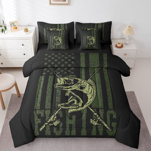 YST Bass Fish Hunting Queen Comforter Set 7 Piece,Pike Fish Fishing Rod Bed in A Bag With Sheet Set For Fisherman Fishing Lover Army Green American Flag Bedding Set Rustic Farmhouse Bed Set