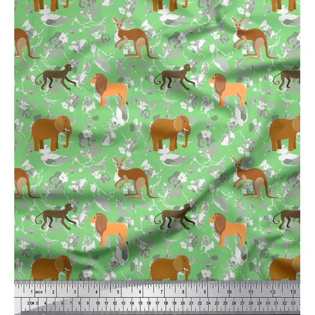 Soimoi Polyester Crepe Fabric Kangaroo,Elephant & Lion Animal Print Fabric by The Yard 52 Inch Wide