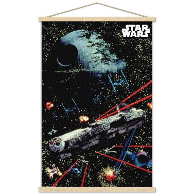 Star Wars : Saga - Affiche Murale de Bataille Spatiale, 22,375 Pouces x 34 Pouces Représentant l'Étoile de la Mort, Plusieurs Chasseurs blue TIE et le Faucon Millennium Tirant des Faisceaux laser Rouges sur un Fond Spatial Noir Rempli d'Étoiles, Imprimée sur Papier d'Affiche Lustré avec Cadre Suspendu en Bois Inclus, Convient à la Décoration Murale de Chambre Ou de Bureau.