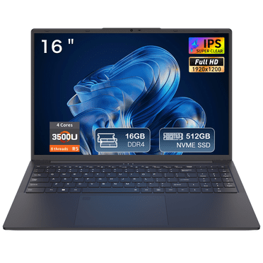 Exsurf Portable d'Affaires 16 Pouces, Ryzen 3500U, 16 Go RAM 512 Go SSD, Port Type-C, Windows 11 Pro, Clavier Rétroéclairé et Déverrouillage par Empreinte Digitale, Noir