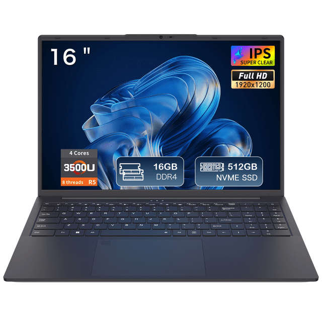 Exsurf Portable d'Affaires 16 Pouces, Ryzen 3500U, 16 Go RAM 512 Go SSD, Port Type-C, Windows 11 Pro, Clavier Rétroéclairé et Déverrouillage par Empreinte Digitale, Noir