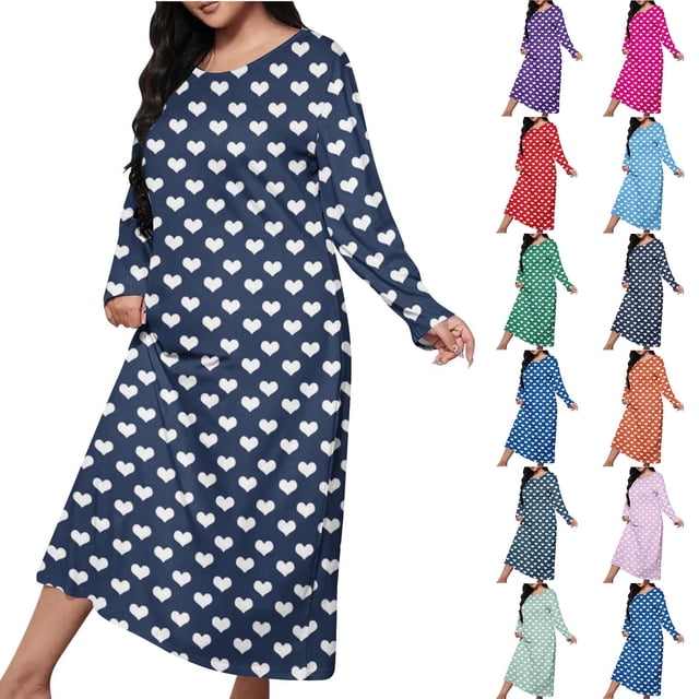 Wiyuqeen Grande Taille Chemises de Nuit à Manches Longues pour Femmes Col Rond Coupe Ample Vêtements de Nuit Robe de Nuit Imprimé Cœur d'Amour Longue Robe de Pyjama