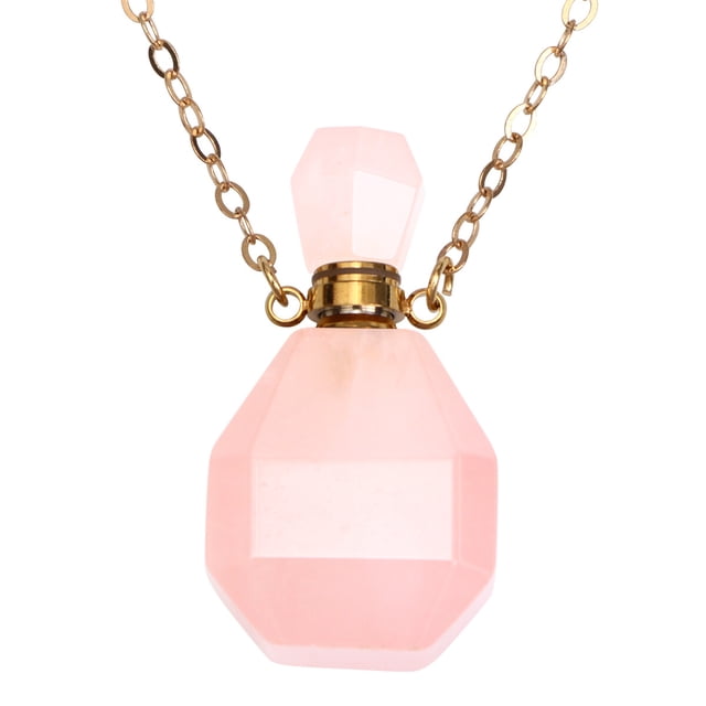 MasteelfCA Natural Crystal Fluorite Wishing Bottle Perfume Essential Oil Bottle Pendant Necklace Accessories Colorful Hanging Container (Pink, with Metal Chain)