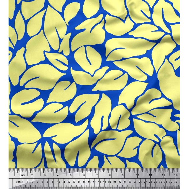 Soimoi Blue polyester Crepe Fabric Basil Leaves Fabric Prints By Yard 52 Inch Wide
