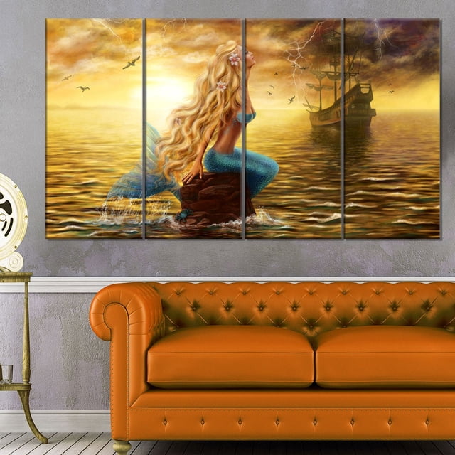 Design Art Sea Mermaid with Ghost Ship Seascape Digital Art Canvas Print featuring a 4-panel gallery wrapped canvas of a mermaid with flowing blonde hair and blue tail sitting on a rock in the ocean at sunset, with a ghost ship and lightning in the background, printed on premium cotton canvas and ready to hang, suitable for enhancing home or office wall décor.