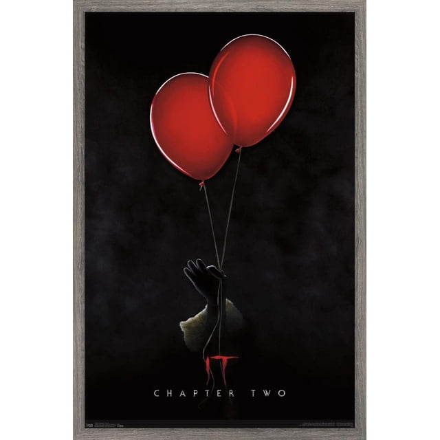 IT: Chapter 2 - Teaser One Sheet Wall Poster, 22.375" x 34" framed, depicting a dark background with a gloved hand holding two red balloons by their strings, the hand emerging from a furry white cuff, with 'IT Chapter Two' text in white and red at the bottom, suitable wall art for bedrooms, offices, dorms, and party décor.