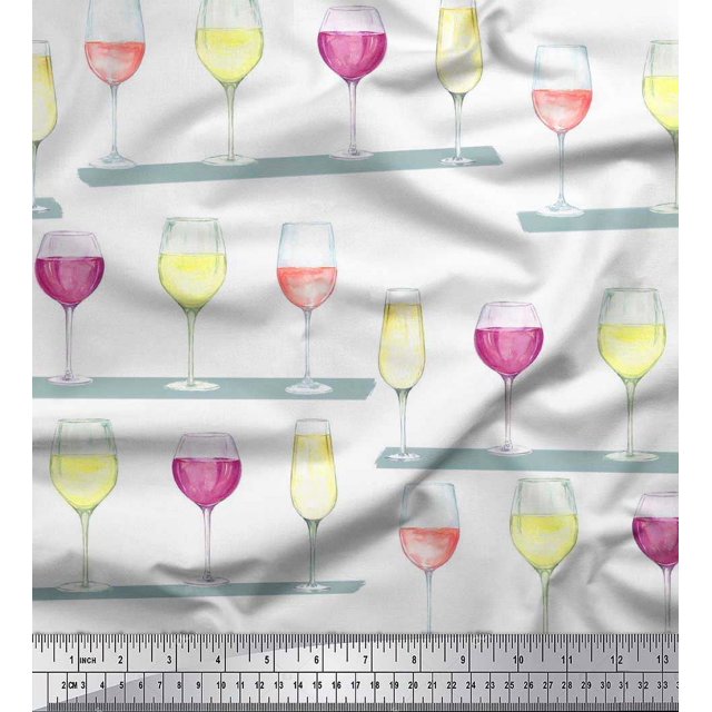 Soimoi polyester Crepe Fabric Wine Glass Bar Fabric Prints By Yard 52 Inch Wide