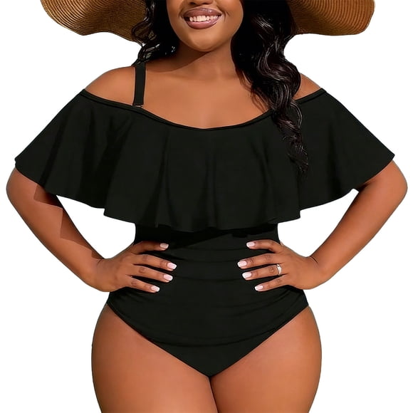 TIMIFIS Black Womens Plus Size Swimsuit High Cut One Piece Bathing Summer Cute Tummy Control Beach Sun Slimming Push Up Swimwear for Board Volleyball Surfing Activity