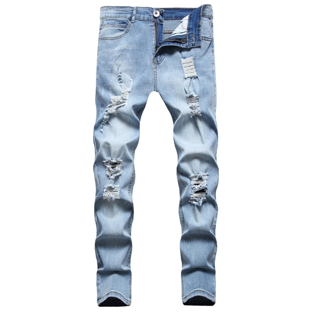 Kmbangi Men Casual Jeans+Solid Color Long Trousers with Broken Holes