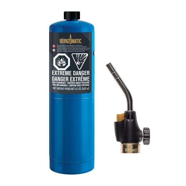 WK2301 Basic Self-igniting torch kit includes a blue 14.1 oz Bernzomatic propane cylinder with extreme danger warnings and a black torch head with stainless steel burn tube and adjustable knob, suitable for specialty kitchen tools, light soldering, and DIY repairs.