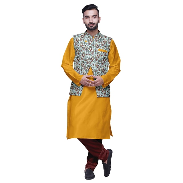 Atasi Kurta Churidar Uni pour Homme à Col Mandarin, Pyjama et Ensemble de Veste Nehru Imprimée