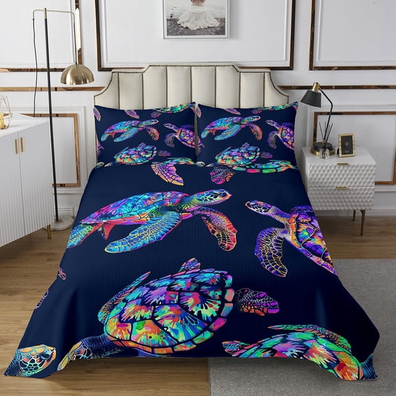 Erosebridal Sea Turtle Coverlet Set King, Watercolor Sealife Bedding Set, Ocean Animal Bedspread Sets King Size, Microfiber Room Decorative, 3pcs