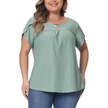 Agnes Orinda Women's Plus Size Tops Keyhole Crew Neck Petal Sleeve Pleated Casual Blouses 1X Green
