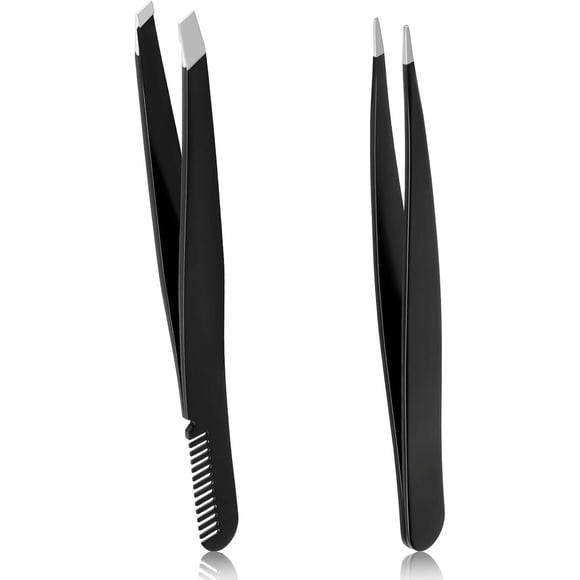 Woeilo 2Pcs Eyebrow Tweezers for Women Black Pointed Tweezers Stainless Steel Slant Tweezers with Comb Best Tweezers for Chin Hair,Facial Hair,Ingrown Hair Removal Black