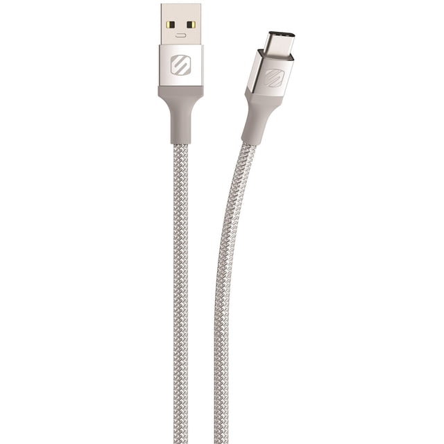 Scosche CAB4SR-SP braided charge and sync cable with USB-A to USB-C connectors, silver braided nylon cable with aluminum connector housings featuring the Scosche logo, designed for fast charging and data transfer of USB-C laptops, smartphones, and tablets, suitable for durable, tangle-free use.