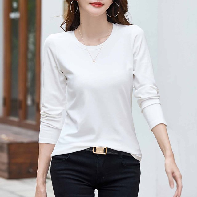RXIRUCGD Hauts pour Femmes 2024 Col Rond Couleur Unie Chandail de Base Intérieur à Manches Longues Haut/chemise à Col Rond, Blanc, Taille : L