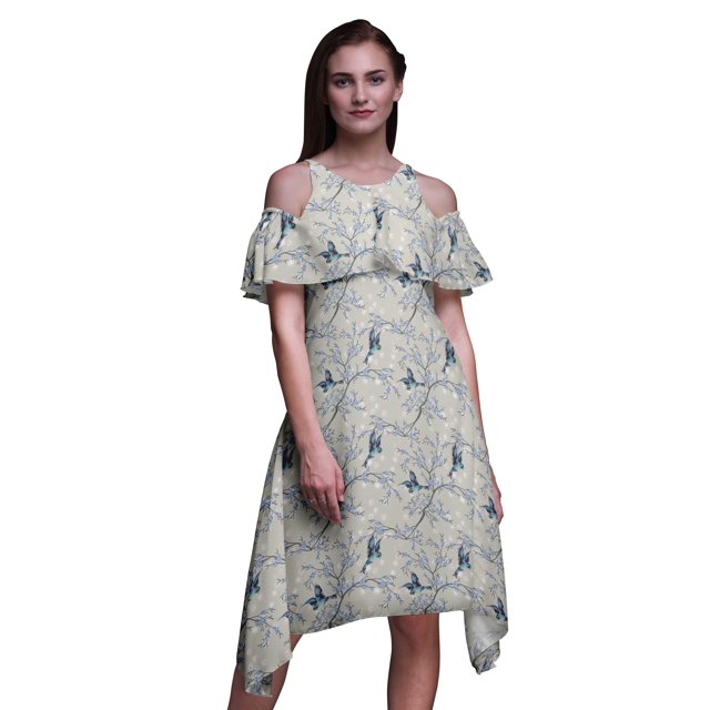 Bimba Robe Droite Évasée à Épaules Dénudées pour Femmes à Volants devant Imprimée Oiseau Rose - Grand