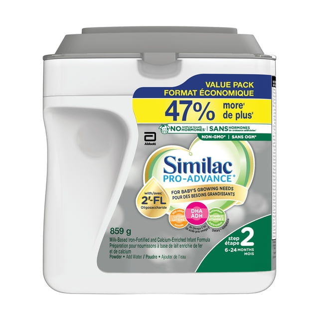 Similac Pro-Advance Step 2 baby formula powder, 859 g container for 6-24 months, enriched with 2’-FL oligosaccharide, DHA, lutein, and vitamin E, non-GMO, no artificial growth hormones, calcium-enriched, value pack with 47% more formula.