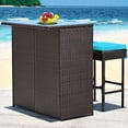 thumbnail image 3 of Patiojoy 3PCS Patio Wicker Rattan Bar Set Table w/2 Turquoise Cushioned Stools, 3 of 8