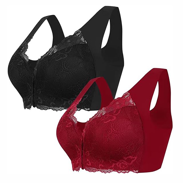 Tumotour 2PC Front Closure Bra for Women No Underwire Comfort Lace Wide Shoulder Strap Bra Full Coverage Seamless Soft Convenient Front Button Bras for Senior Everyday Life Sleep Walking Work