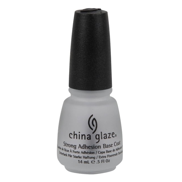 China Glaze Strong Adhesion Base Coat nail polish bottle with frosted glass and black textured cap, 0.5 fl oz, bonding base coat that secures nail lacquer for long-lasting adhesion in nail care base coats.