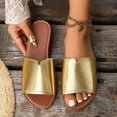 thumbnail image 3 of Flat Sandals for Women Slide Open Toe Solid Color Leather Non Slip Breathable Beach Summer Slide Sandals Gold, 3 of 7