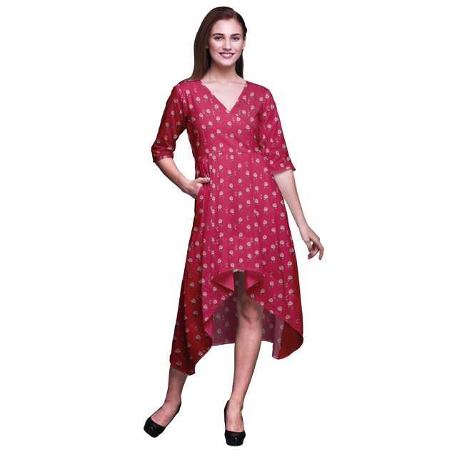 Bimba Robe Droite Asymétrique pour Femmes en Coton à Imprimé Floral de Feuilles Roses avec Poche, Manches Courtes, Col en V, Mi-Longue - Xxx-Grand