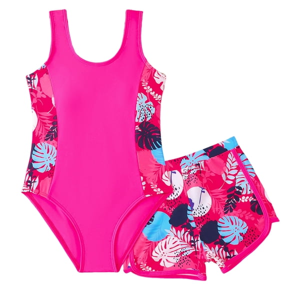 Splozh Girls Swimsuit One Piece Kids Girls' Swimsuit with Shorts for Tweens Floral Swimwear Bathing Suit for Young Girls Hot Pink,11-12 Years