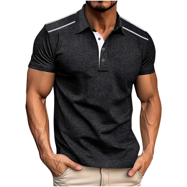Styesk T Shirts for Man Fashion Solid Color Leisure Versatile Motion Button T-shirt Lapel Top