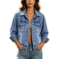 thumbnail image 1 of Timegard Women's Basic Button down Stretch Fitted Long Sleeves Denim Jacket Collared Crop Jean Jackets Fashion,Light Blue,XXL, 1 of 9
