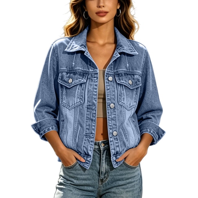 Timegard Women's Basic Button down Stretch Fitted Long Sleeves Denim Jacket Collared Crop Jean Jackets Fashion,Light Blue,XXL