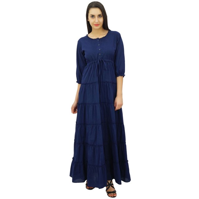 Bimba Robe Maxi d'Été en Coton à Manches 3/4 pour Femme, Taille à Cordon